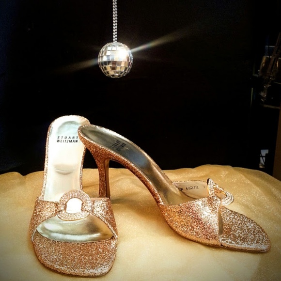 Stuart Weitzman x Swarovski rhinestone gold glitter 3.75" heel slide sandals sz7 - Picture 9 of 9